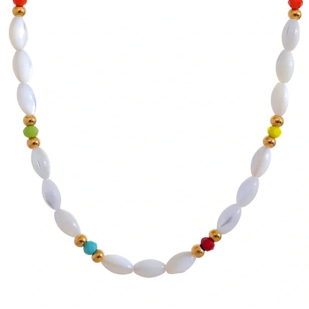 Natural Shell & Colorful Beaded Necklace Gold Tone